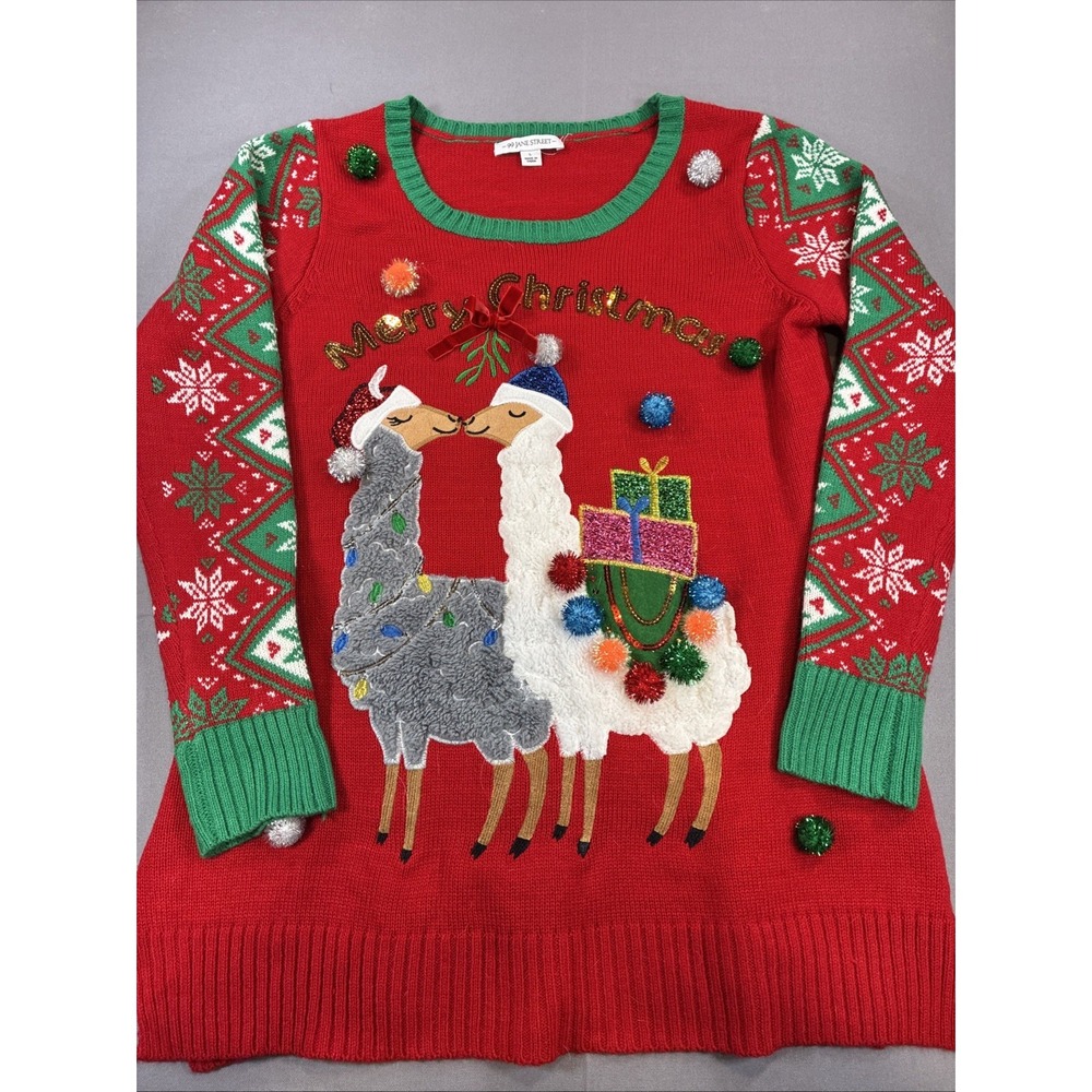 99 Jane Street Adorable Ugly Christmas Llama Kisses Sweater Sequins Large